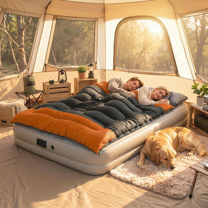 Outsunny Double Sleeping Bag with 2 Pillows, 220 x 160 cm Extra-Large Sleeping Bag for Adults, Grey and Orange