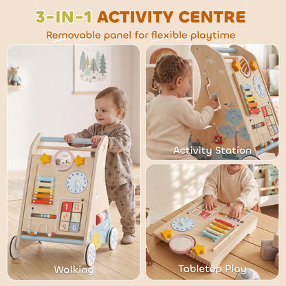 AIYAPLAY Wooden Baby Walker with Detachable Double-Sided Activity Board in a Natural Wood Finish