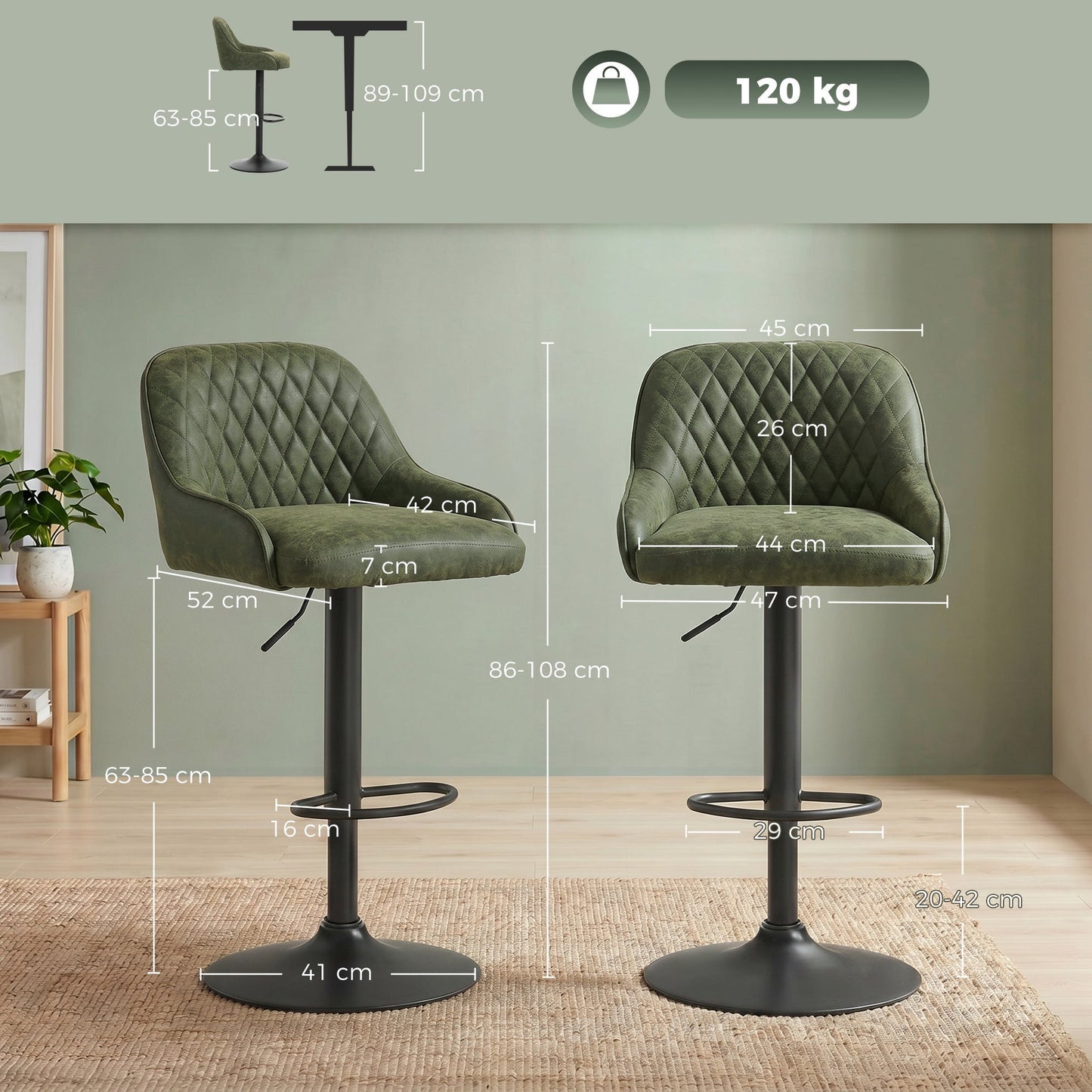 HOMCOM Bar Stools Adjustable Swivel Kitchen Chairs with Backrest Set of 2 for Kitchen Island Dark Green