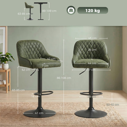 HOMCOM Bar Stools Adjustable Swivel Kitchen Chairs with Backrest Set of 2 for Kitchen Island Dark Green