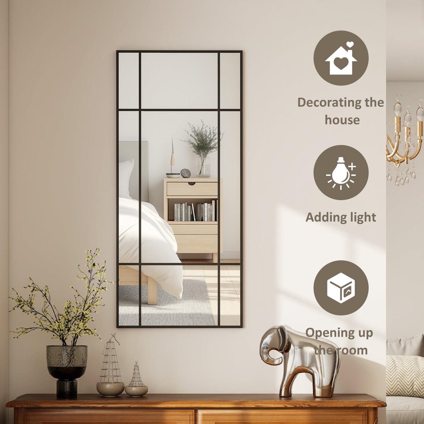 HOMCOM Decorative Grid Wall Mirror, with Back Hooks - Black