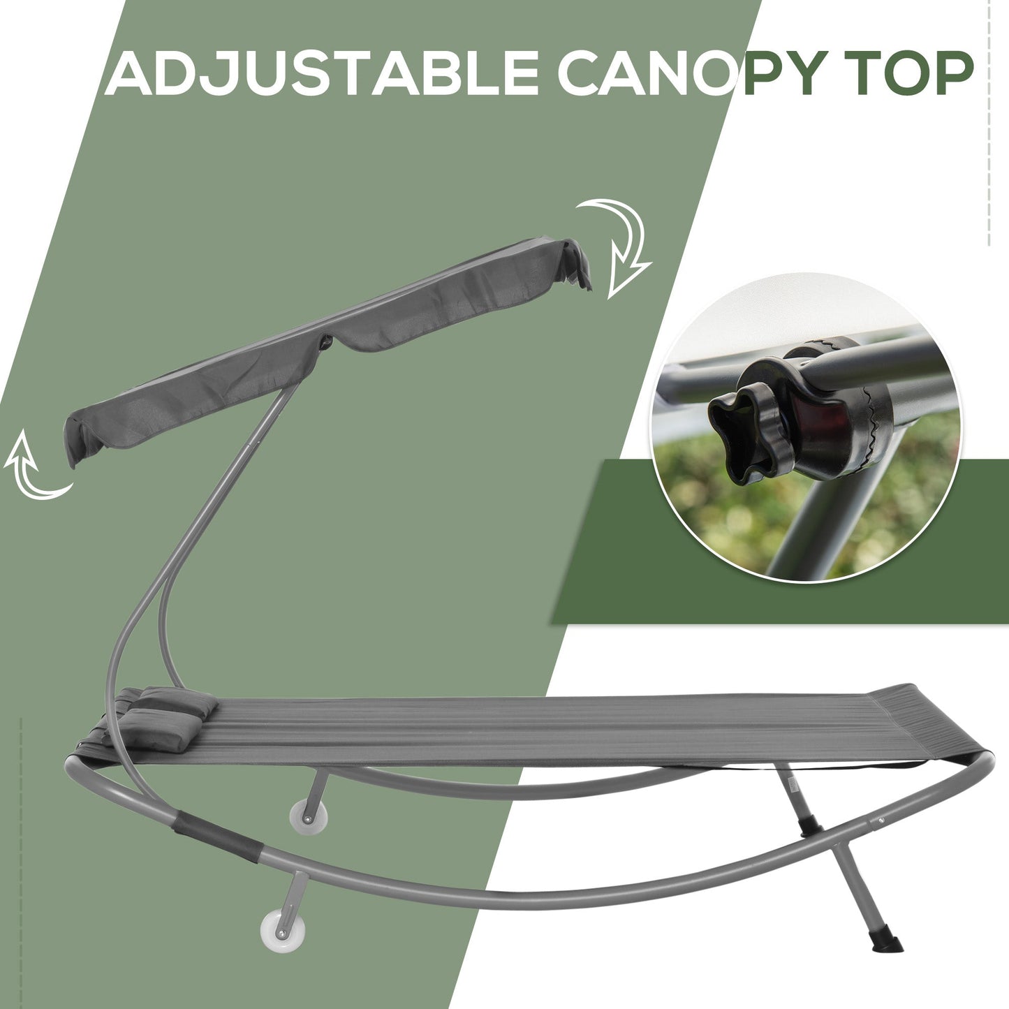 Outsunny Double Sun Lounger with Adjustable Detachable Canopy, Portable Garden Daybed for 2 with Wheels, Outdoor Sunbed Hammock with 2 Pillows, 220 KG Max. Load, Grey