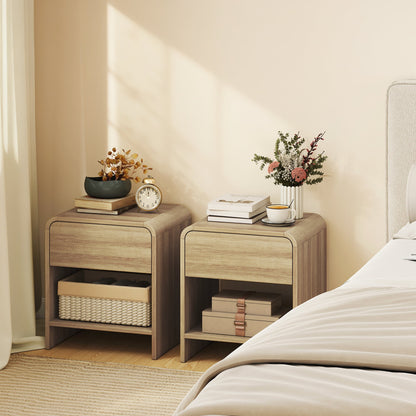 HOMCOM Bedside Tables Set of 2, Nightstands with Rounded Corners, Modern Side Table with Silent Drawer for Bedroom, Natural