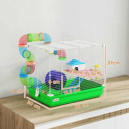 PawHut 2 Tier Hamster Cage, Gerbil Cage with Handle, Exercise Wheels, Tunnel, Water Bottle, Dishes, Ladder, for Dwarf