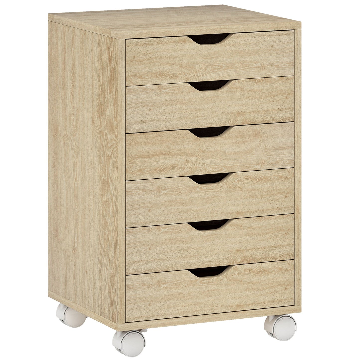 HOMCOM 6 Drawer Vertical File Cabinet, Mobile Filing Cabinet with Quiet Drawers and Wheels with 2 Brakes, Oak Wood Effect