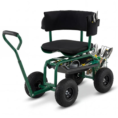 Rolling Garden Work Seat with Wheels Swivel Seat and Extendable Handle-Green