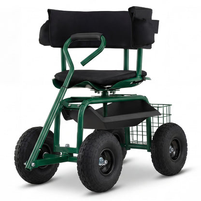 Rolling Garden Work Seat with Wheels Swivel Seat and Extendable Handle-Green