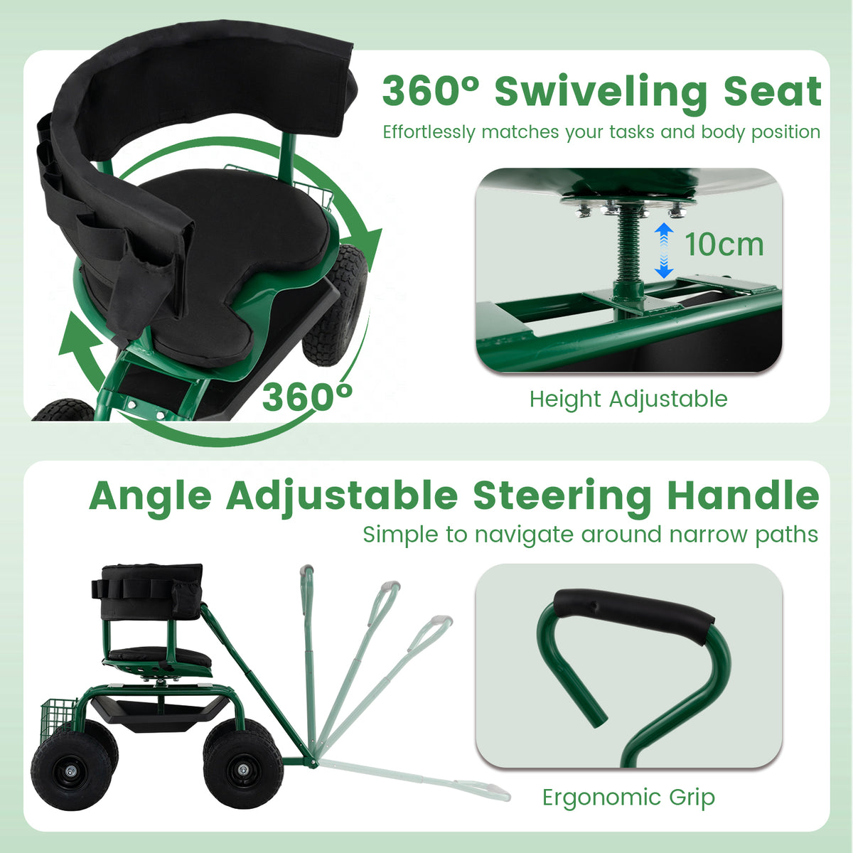 Rolling Garden Work Seat with Wheels Swivel Seat and Extendable Handle-Green