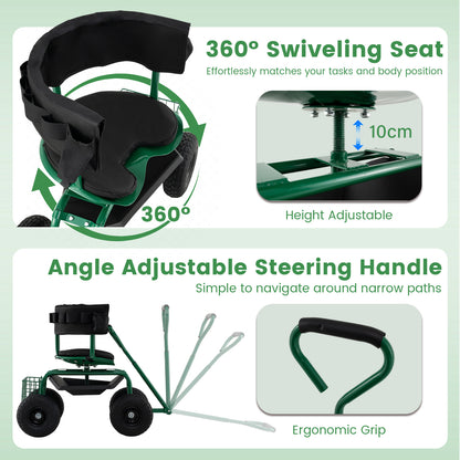Rolling Garden Work Seat with Wheels Swivel Seat and Extendable Handle-Green