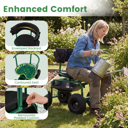 Rolling Garden Work Seat with Wheels Swivel Seat and Extendable Handle-Green