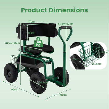 Rolling Garden Work Seat with Wheels Swivel Seat and Extendable Handle-Green