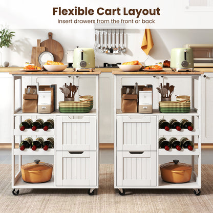 Rolling Kitchen Island Cart Solid Rubber Wood Top Serving Trolley with 2-Tier Wine Rack-White