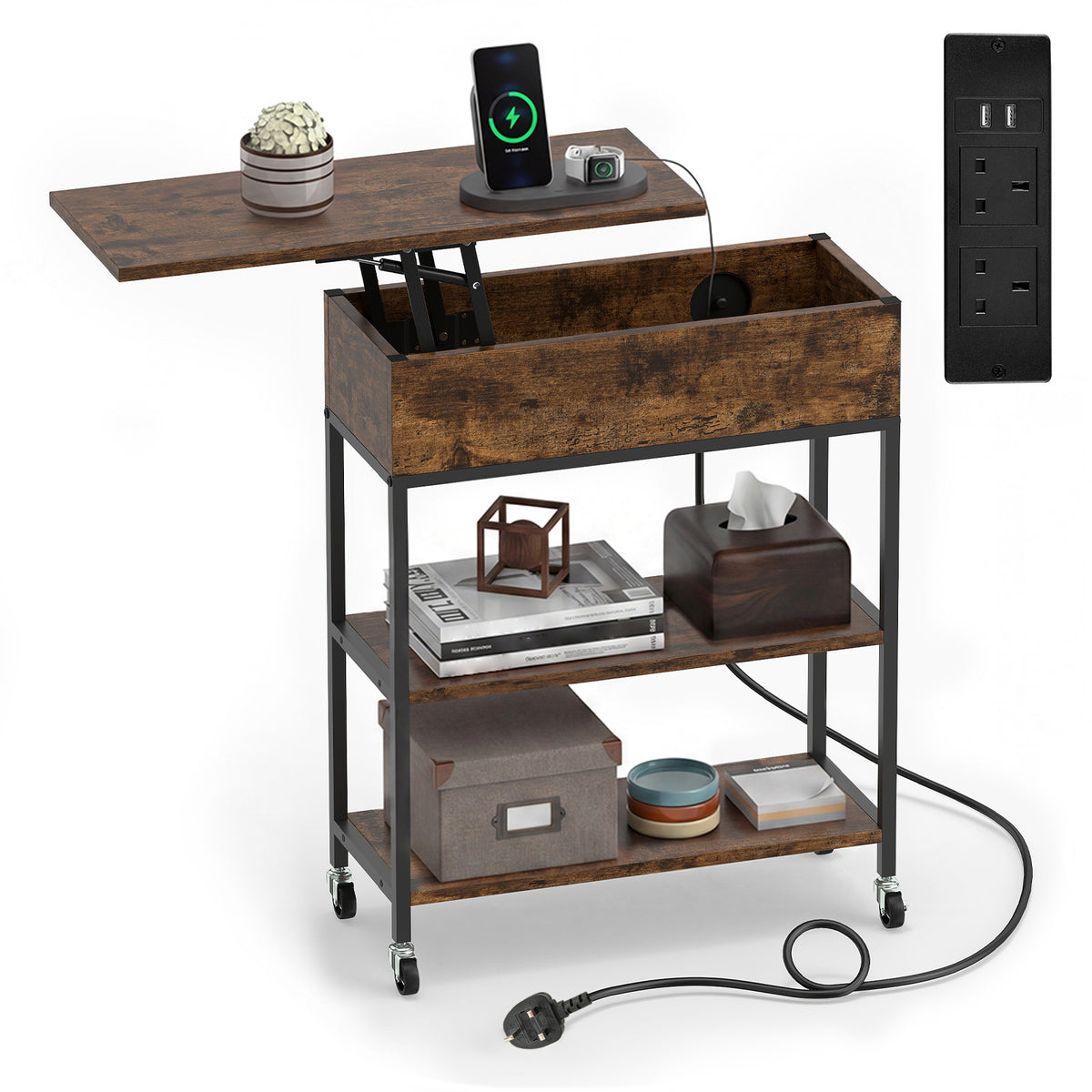 Rolling Lift Top End Table with Charging Station & Hidden Compartment for Living Room-Rustic Brown