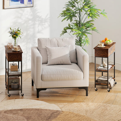 Rolling Lift Top End Table with Charging Station & Hidden Compartment for Living Room-Rustic Brown