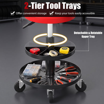 Rolling Mechanic Stool with Wheels and 42-56 cm Adjustable Seat-Red