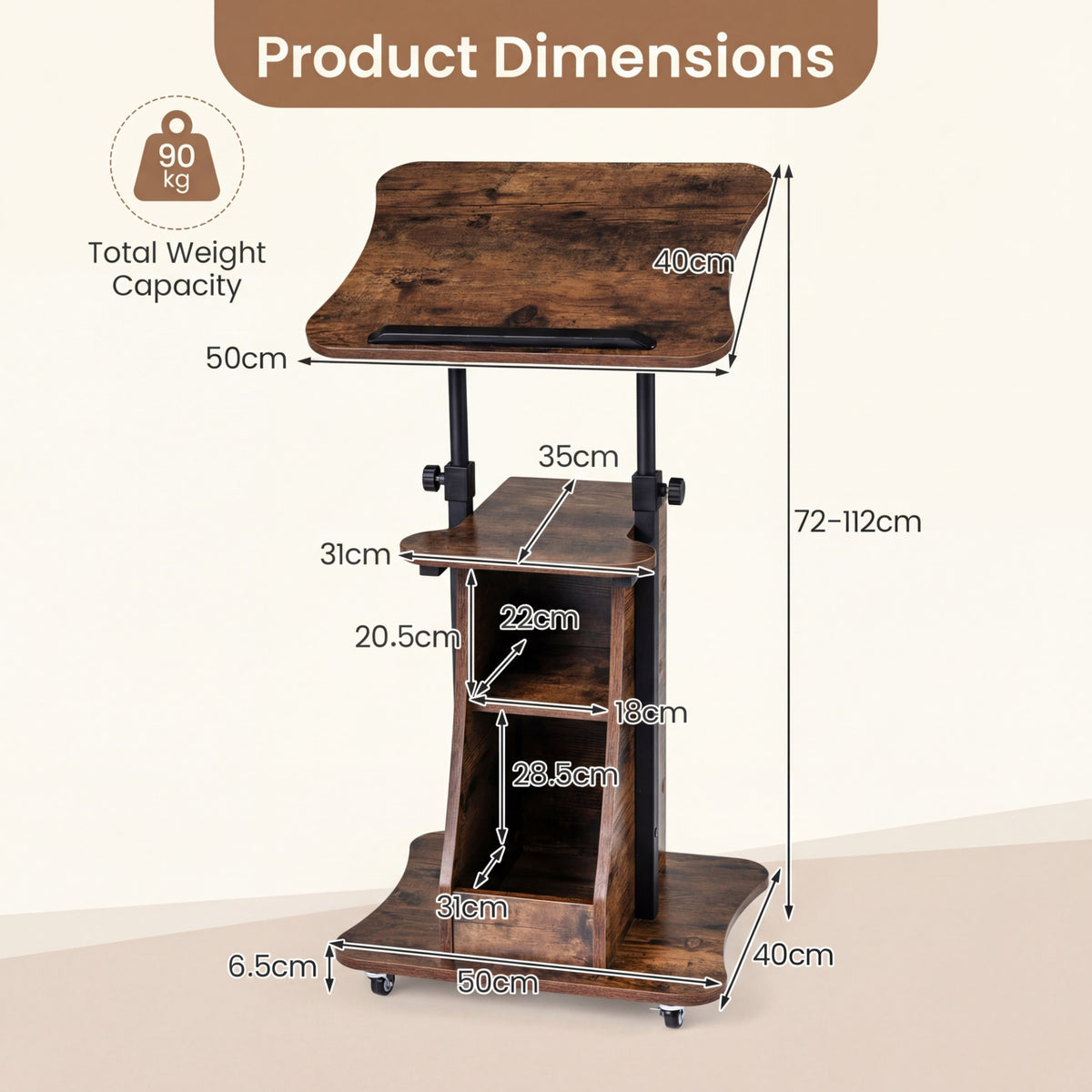 Rolling Podium Stand with Tilting Tabletop and Storage Shelves for Office-Rustic Brown