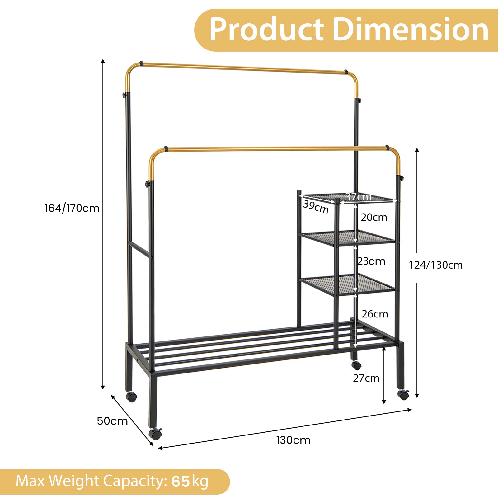 Rolling Clothes Drying Rack with 2 Adjustable Hanging Bars-Black & Gold
