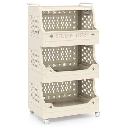 3/4/5/6 Tier Rolling Laundry Basket with Wheels and Handles for Laundry Room-Beige-4-Tier