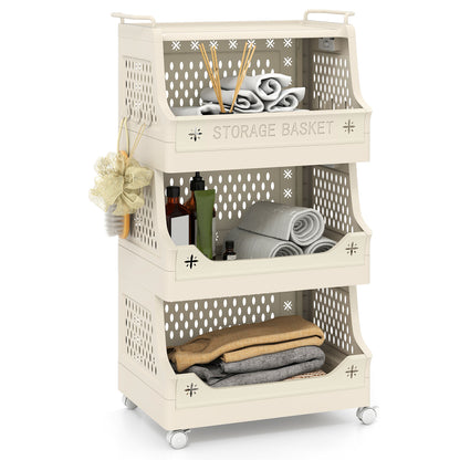 3/4/5/6 Tier Rolling Laundry Basket with Wheels and Handles for Laundry Room-Beige-4-Tier