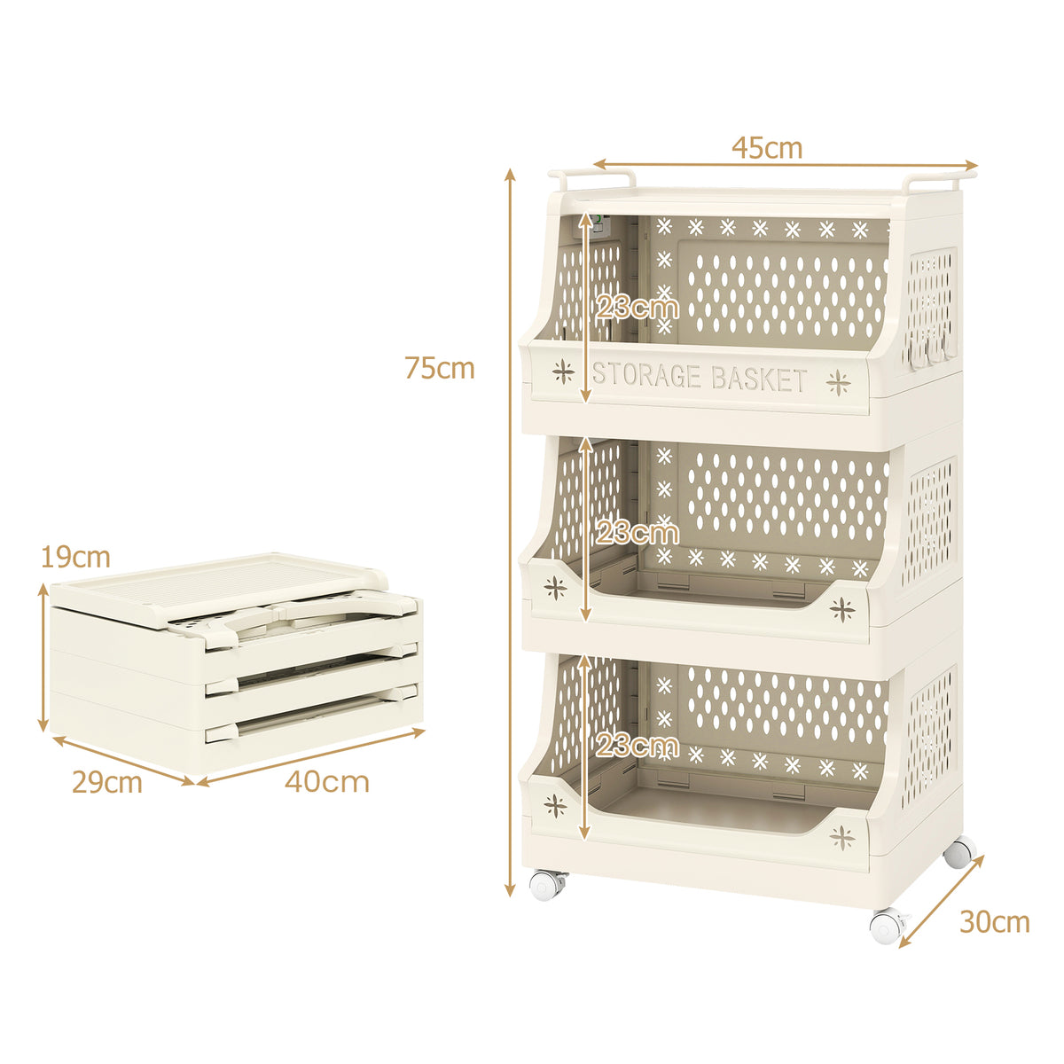 3/4/5/6 Tier Rolling Laundry Basket with Wheels and Handles for Laundry Room-Beige-4-Tier
