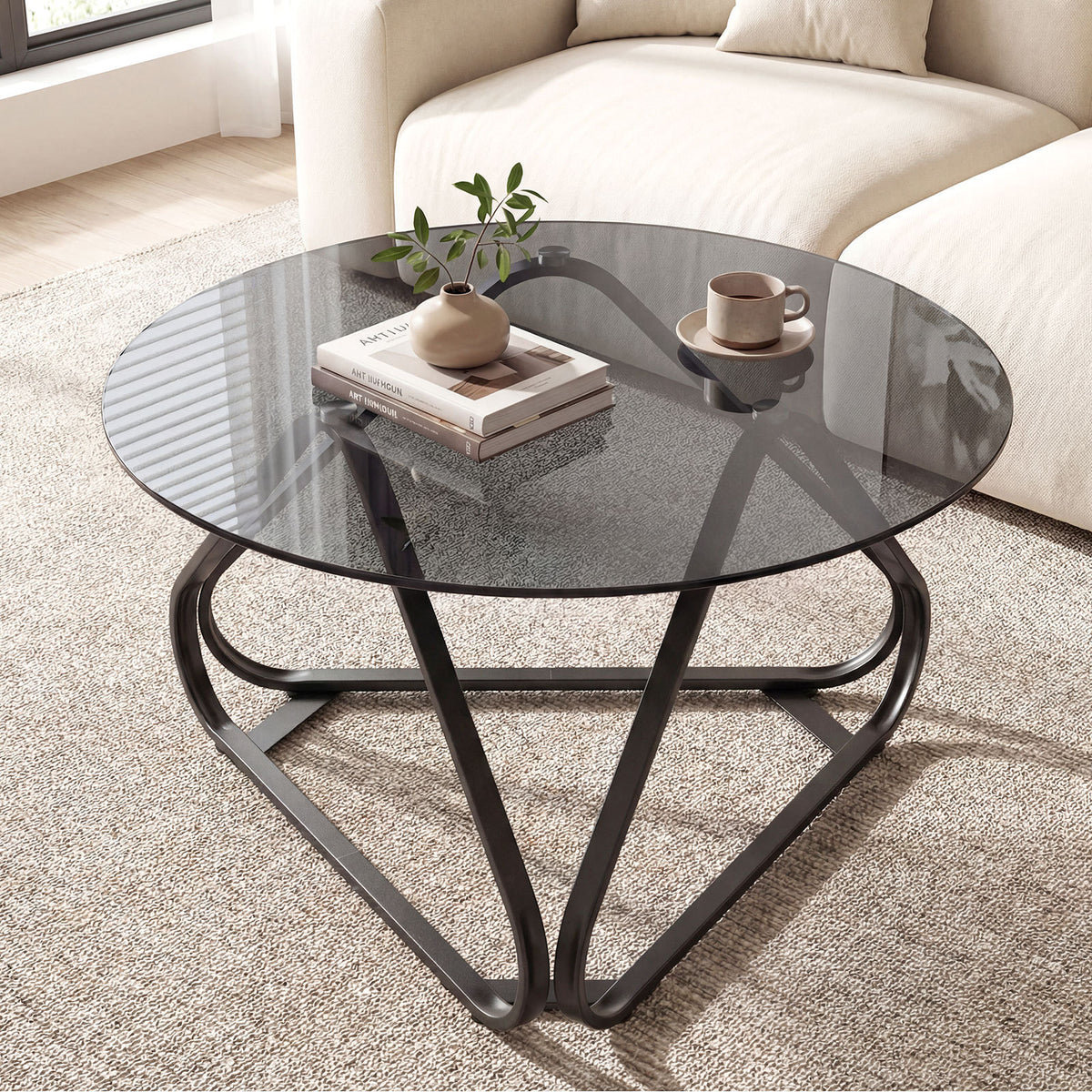 Round Tempered Glass Coffee Table with Triangle Metal Frame for Living Room-Black