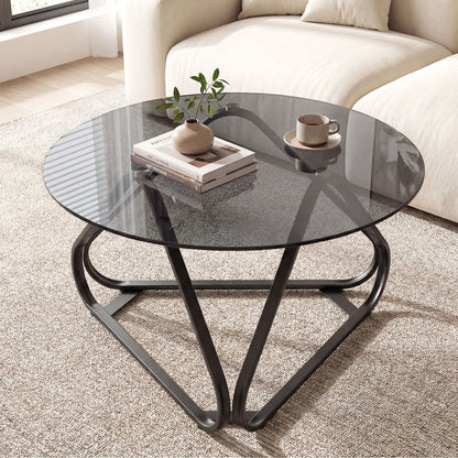 Round Tempered Glass Coffee Table with Triangle Metal Frame for Living Room-Black
