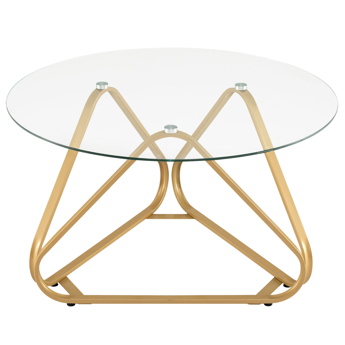 Round Tempered Glass Coffee Table with Triangle Metal Frame for Living Room-Gold