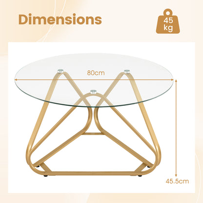 Round Tempered Glass Coffee Table with Triangle Metal Frame for Living Room-Gold