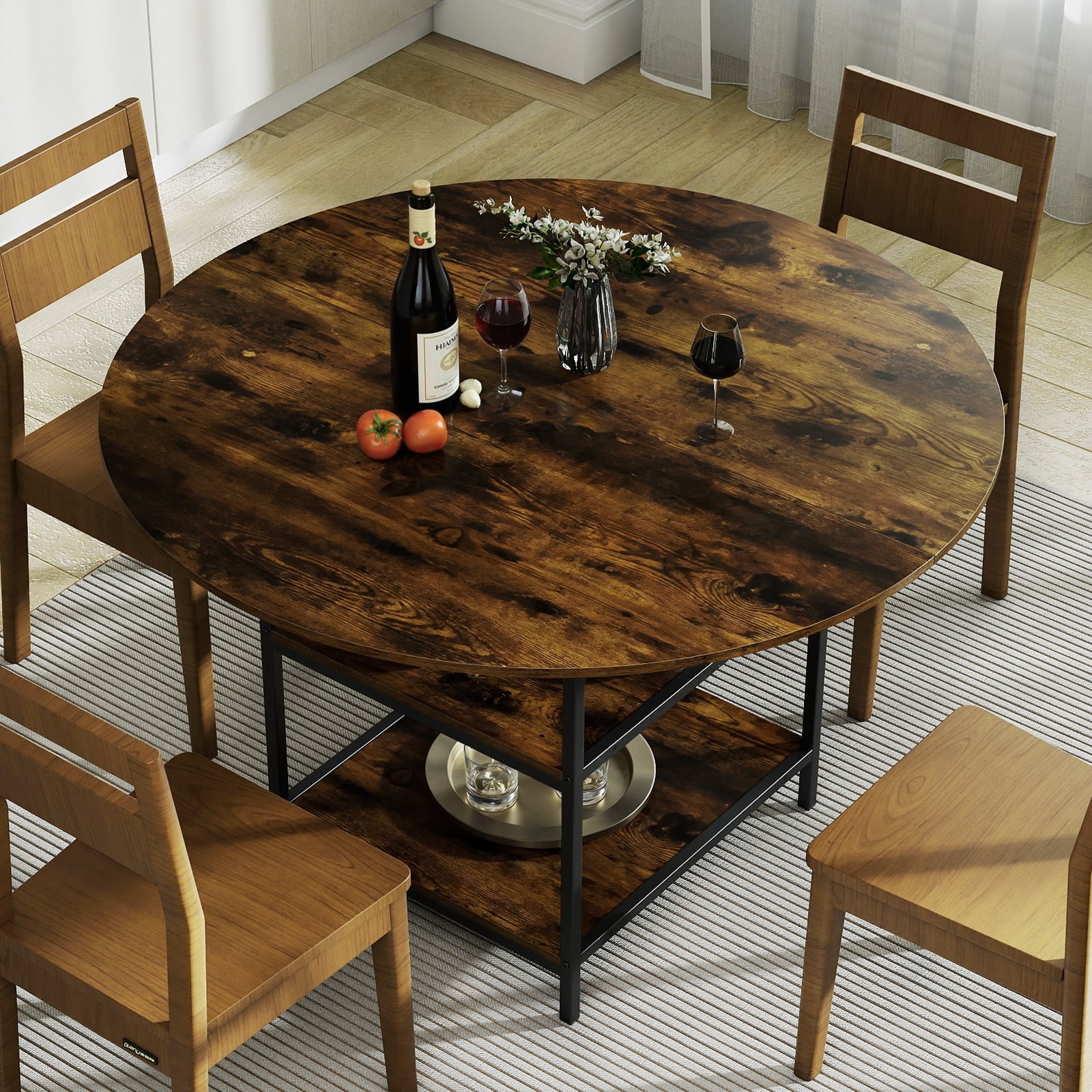 120 CM Round Dining Table with 2-Tier Storage Shelf and Heavy-duty Metal Frame-Black & Brown