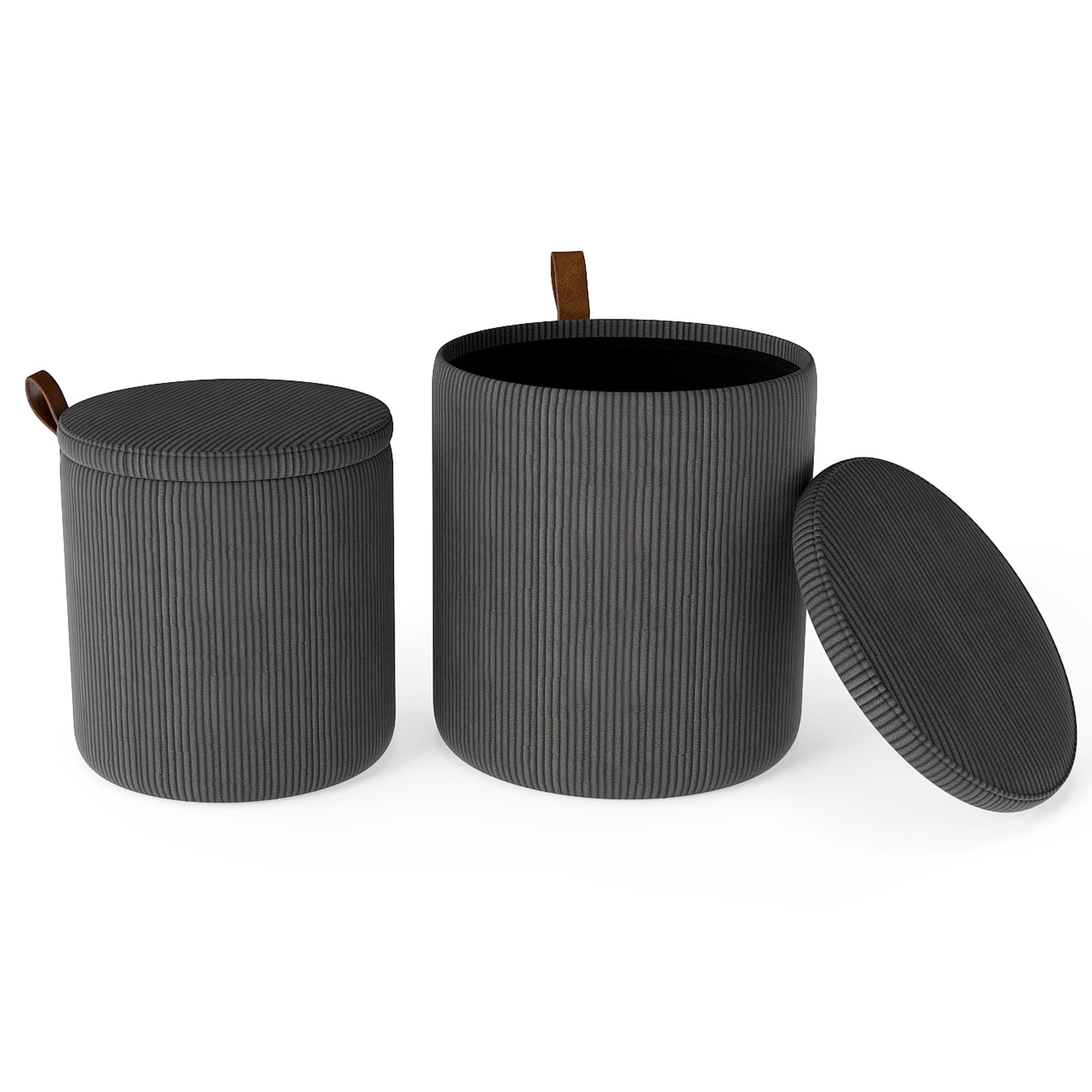 Round Ottoman with Storage Set of 2 with Removable Lids and Padded Seats-Grey