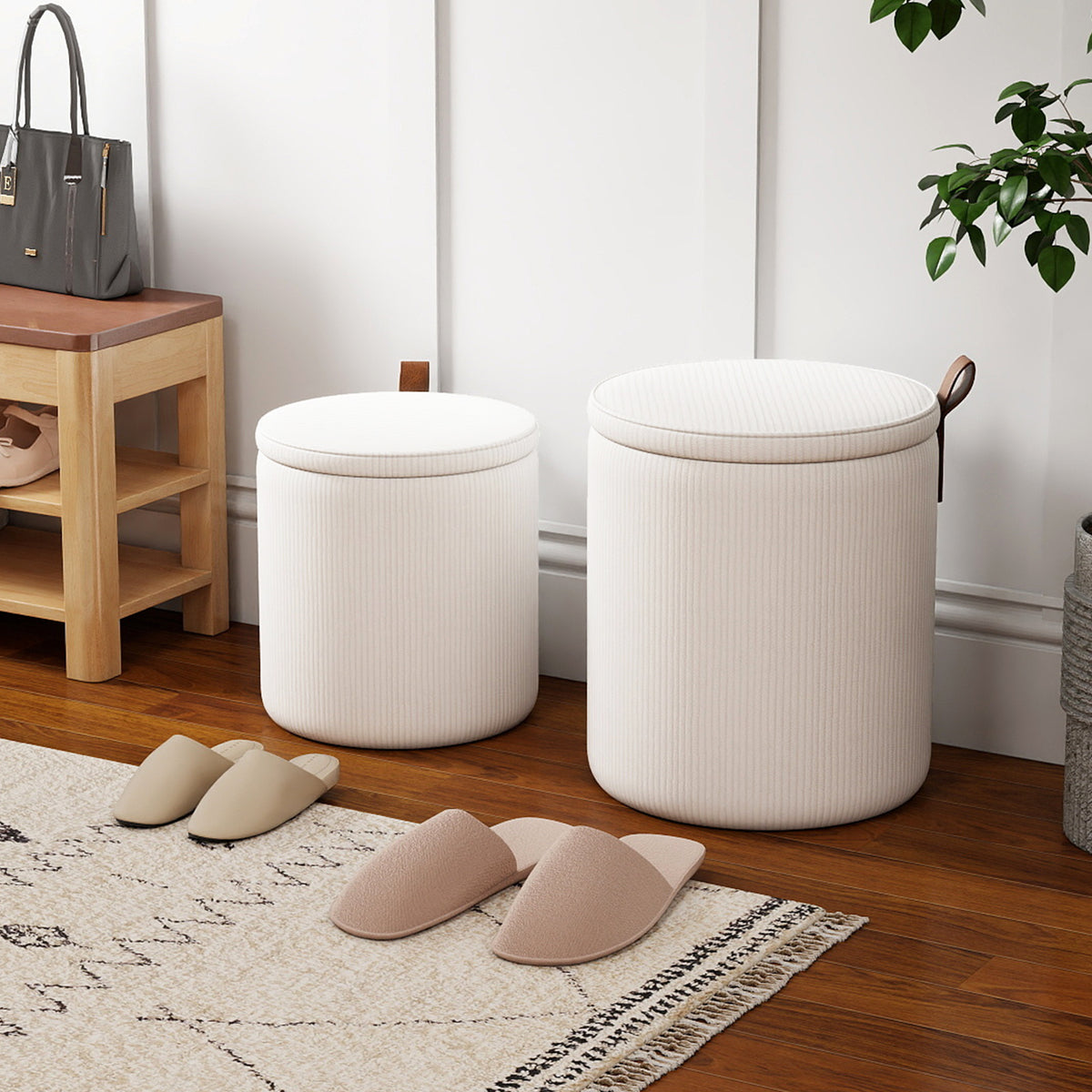 Round Ottoman with Storage Set of 2 with Removable Lids and Padded Seats-Beige