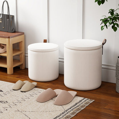 Round Ottoman with Storage Set of 2 with Removable Lids and Padded Seats-Beige