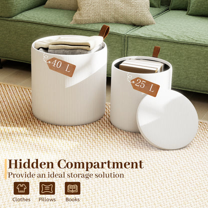 Round Ottoman with Storage Set of 2 with Removable Lids and Padded Seats-Beige
