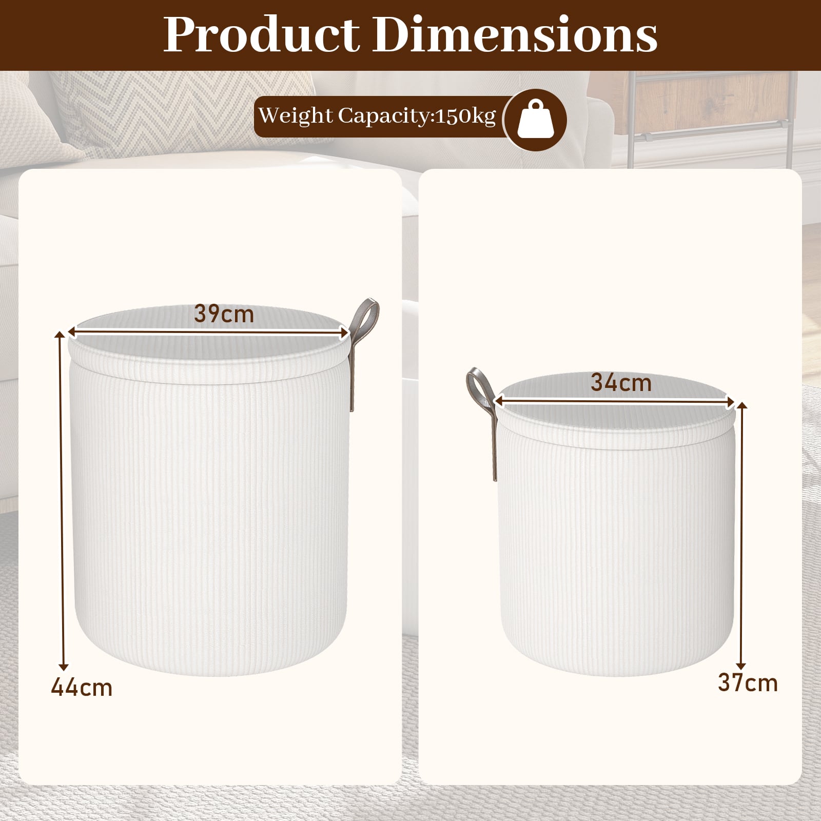 Round Ottoman with Storage Set of 2 with Removable Lids and Padded Seats-Beige