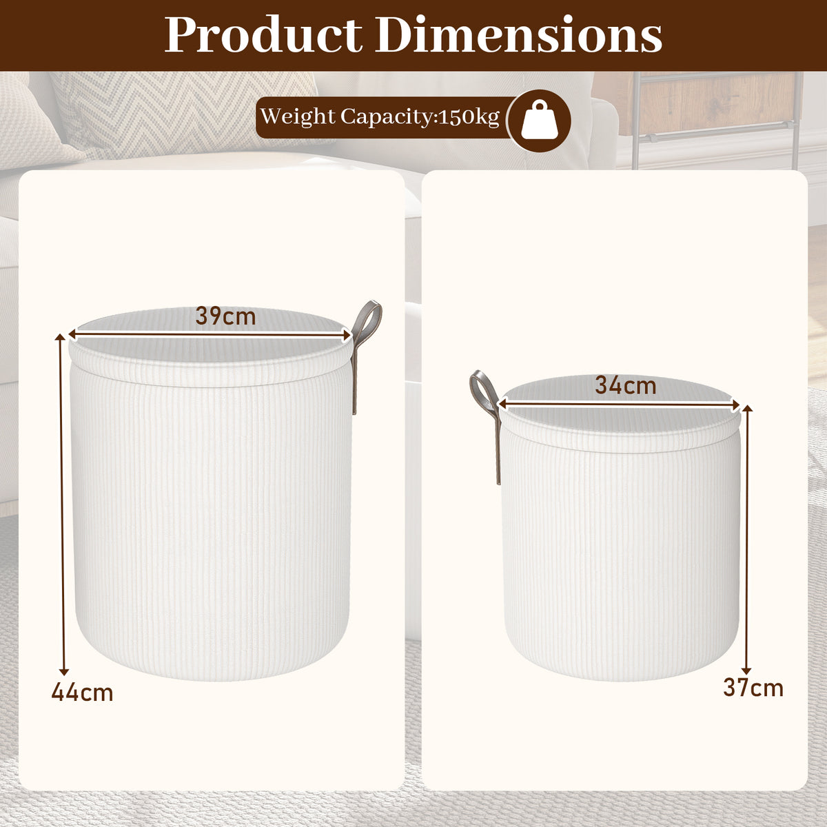 Round Ottoman with Storage Set of 2 with Removable Lids and Padded Seats-Beige