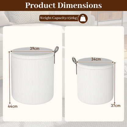 Round Ottoman with Storage Set of 2 with Removable Lids and Padded Seats-Beige