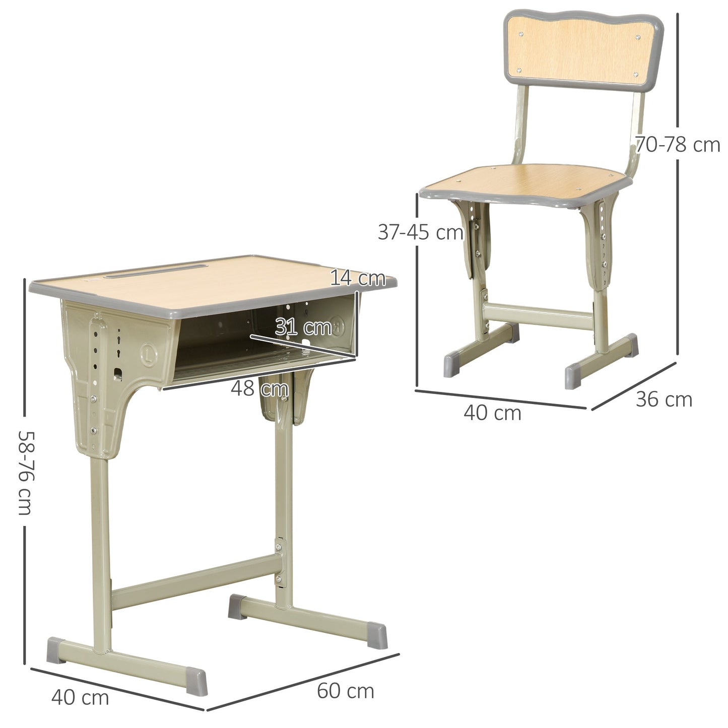 HOMCOM Height Adjustable Kids Desk and Chair Set with Storage Compartment, Bag Hook and Pen Holder, for 6-12 Years, Grey
