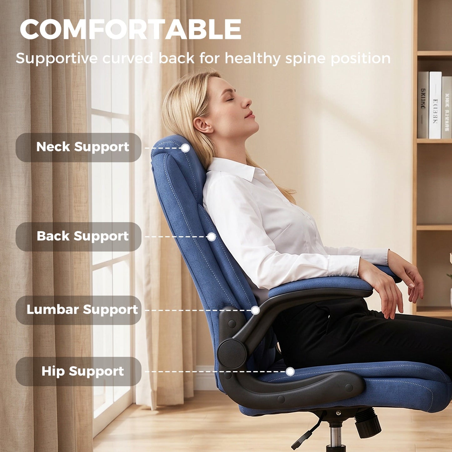 HOMCOM Linen-Look Computer Desk Chair, Executive Office Chair with Flip-Up Armrests and Thick Cushion, Blue