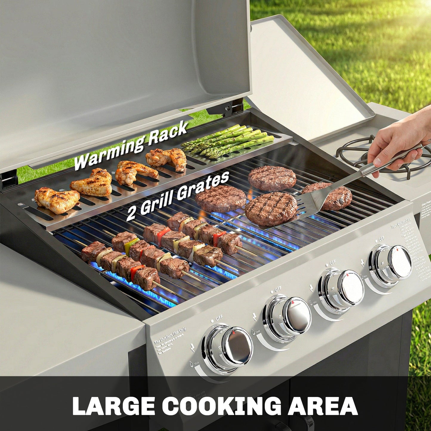 Outsunny 4+1 Burner Gas BBQ Grill with Side Burner, 50000 BTU Steel Portable Gas Barbecue Grill with Built-in Thermometer, Lid