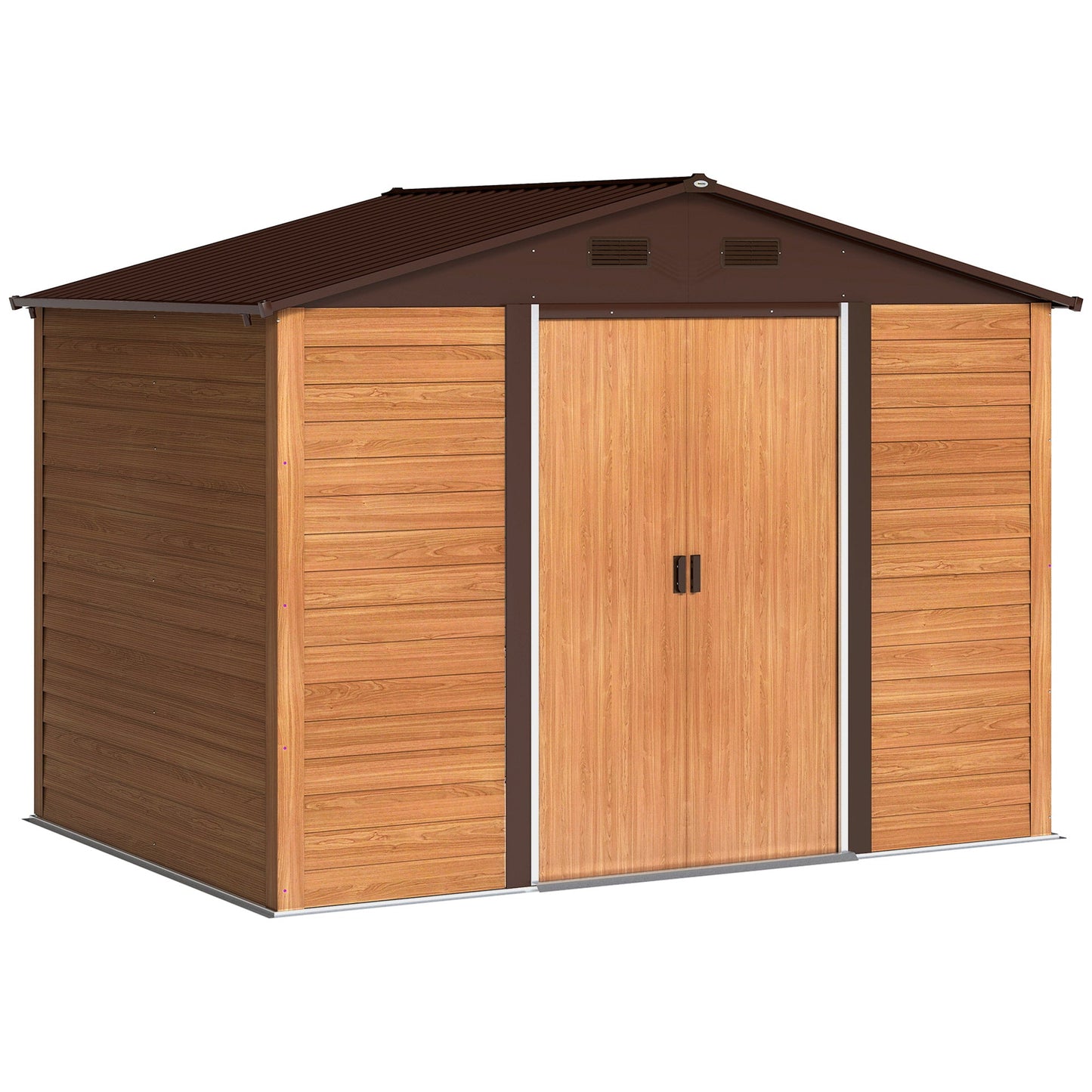Outsunny 9 x 6ft Galvanised Steel Shed with Double Sliding Doors with 4 Ventilation Slots - Brown Wood-Effect