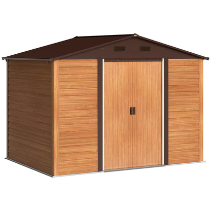 Outsunny 9 x 6ft Galvanised Steel Shed with Double Sliding Doors with 4 Ventilation Slots - Brown Wood-Effect