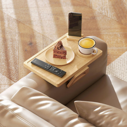 HOMCOM Anti-Slip Sofa Armrest Tray, Bamboo Sofa Arm Tray with 360° Phone Holder and Removable Cup Holder, Natural