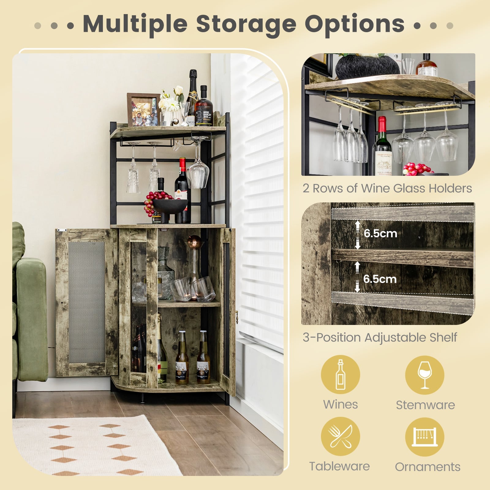 Industrial Corner Bar Wine Cabinet with Metal Mesh Doors and Adjustable Shelf-Rustic Brown