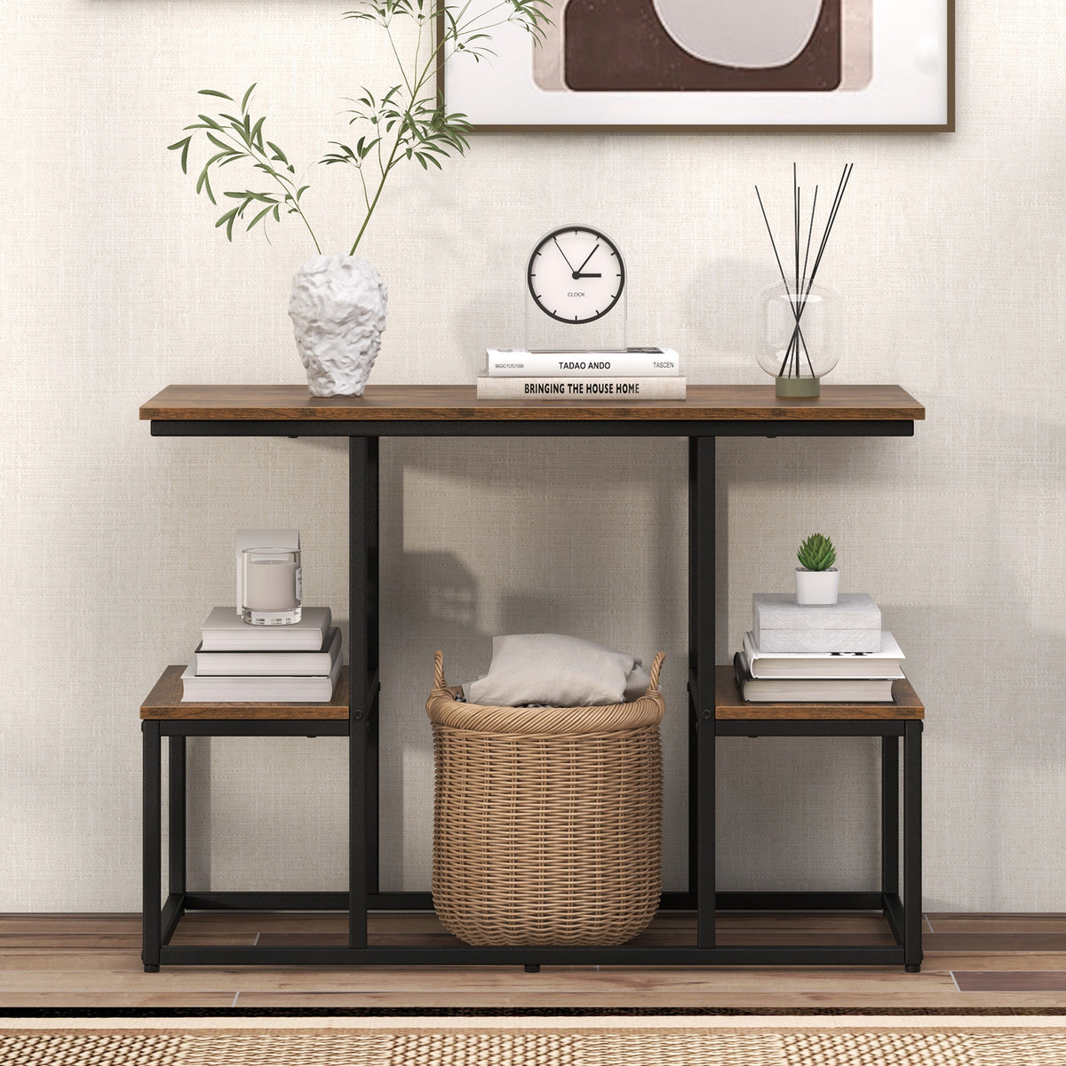 Rustic TV Console Table Industrial Sofa Table with Open Storage Shelves-Rustic Brown