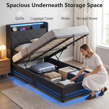 HOMCOM 3ft Single Bed Frame with Headboard, Platform Bed Frame with Hydraulic Storage, LED Lights and Charging Station, Black