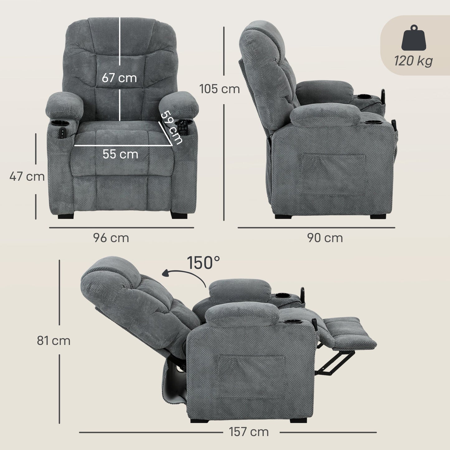 HOMCOM Recliner Armchair with Vibration Massage, Heat, Whisper-Quiet Motor, Memory Function, Power Reclining Chair, Dark Grey