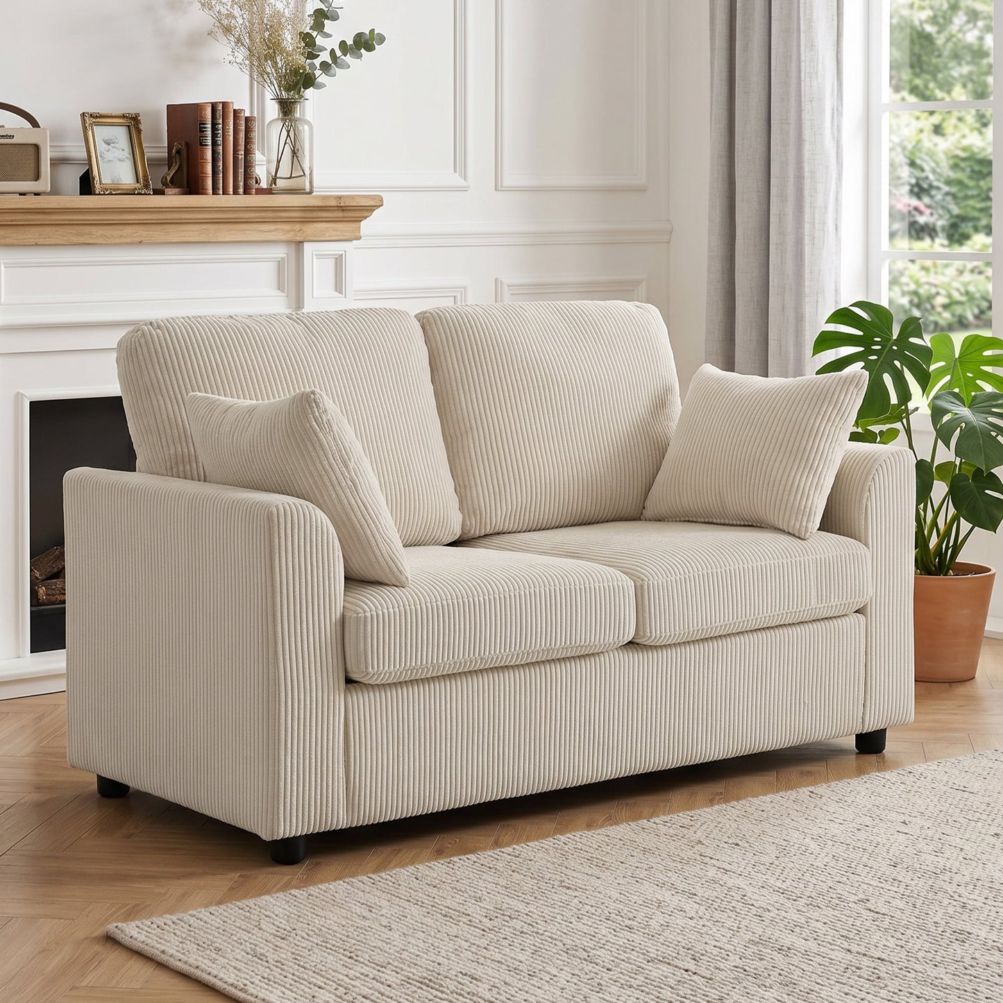 HOMCOM 2 Seater Sofa, Corduroy Small Couch with Spring Cushion, Wide and Deep Seat, Beige