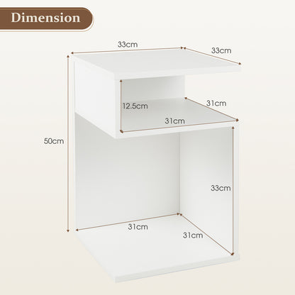 S-Shaped Side Table with 2 Open Compartments for Small Space Set of 2-White