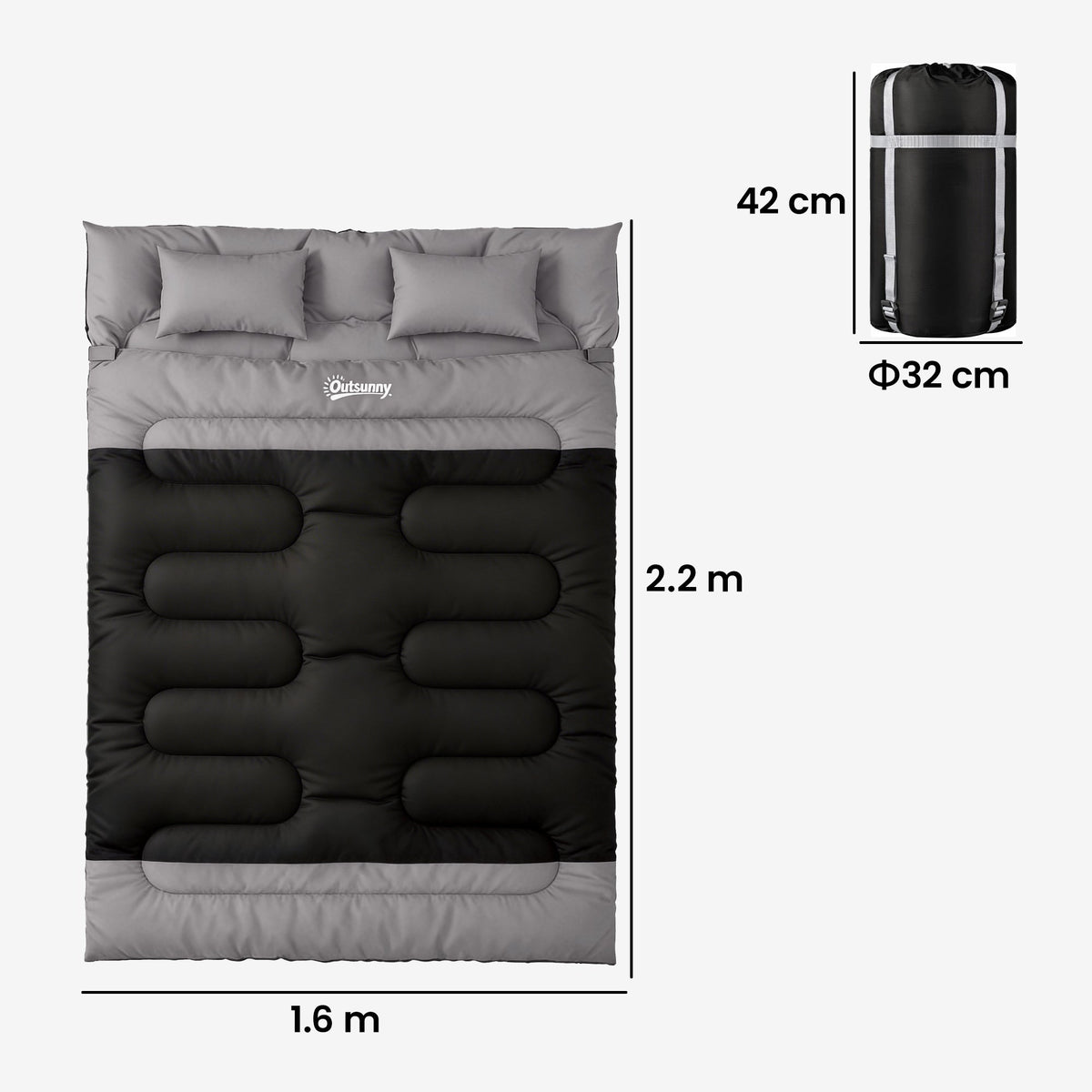 Outsunny Double Sleeping Bag with 2 Pillows, 220 x 160 cm Extra-Large Sleeping Bag for Adults, Black and Grey
