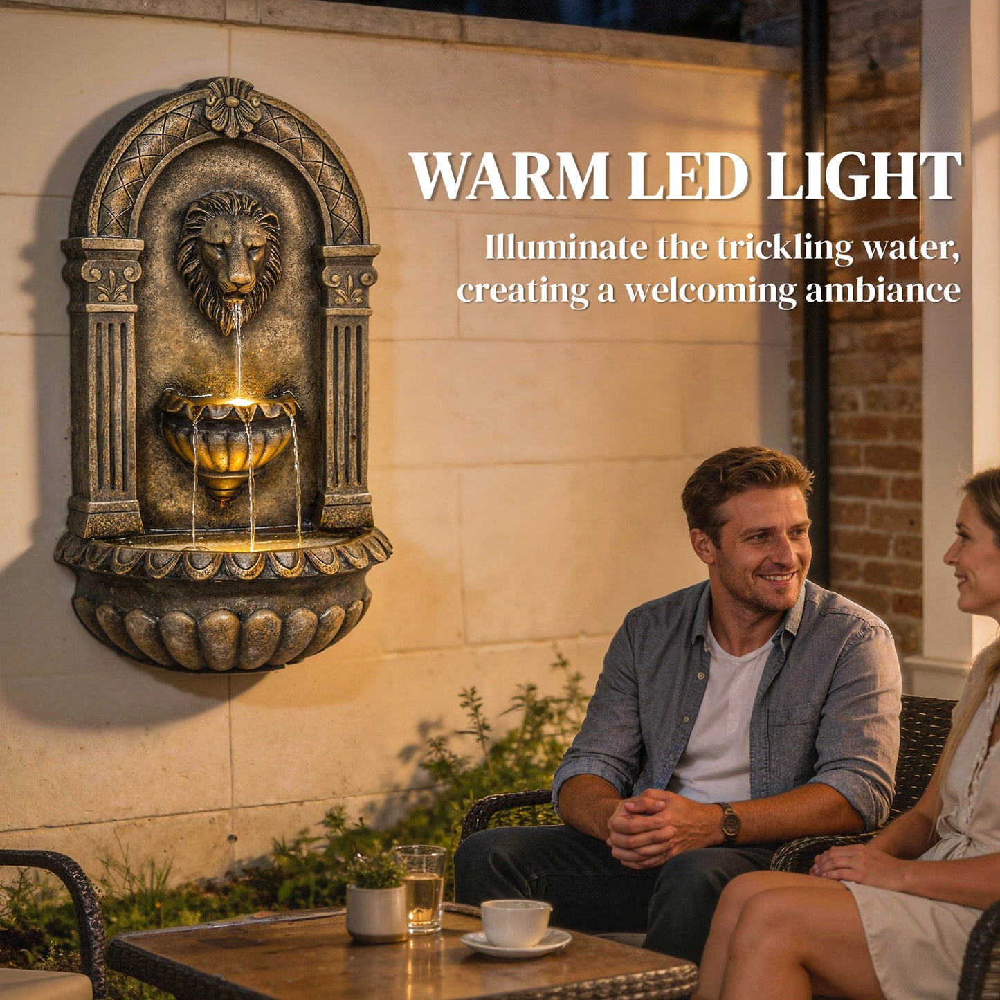 نافورة مياه من Outsunny تُثبت على الحائط، شلال متدرج بثلاث طبقات مع أضواء LED وتدفق قابل للتعديل للفناء، لون بني ريفي